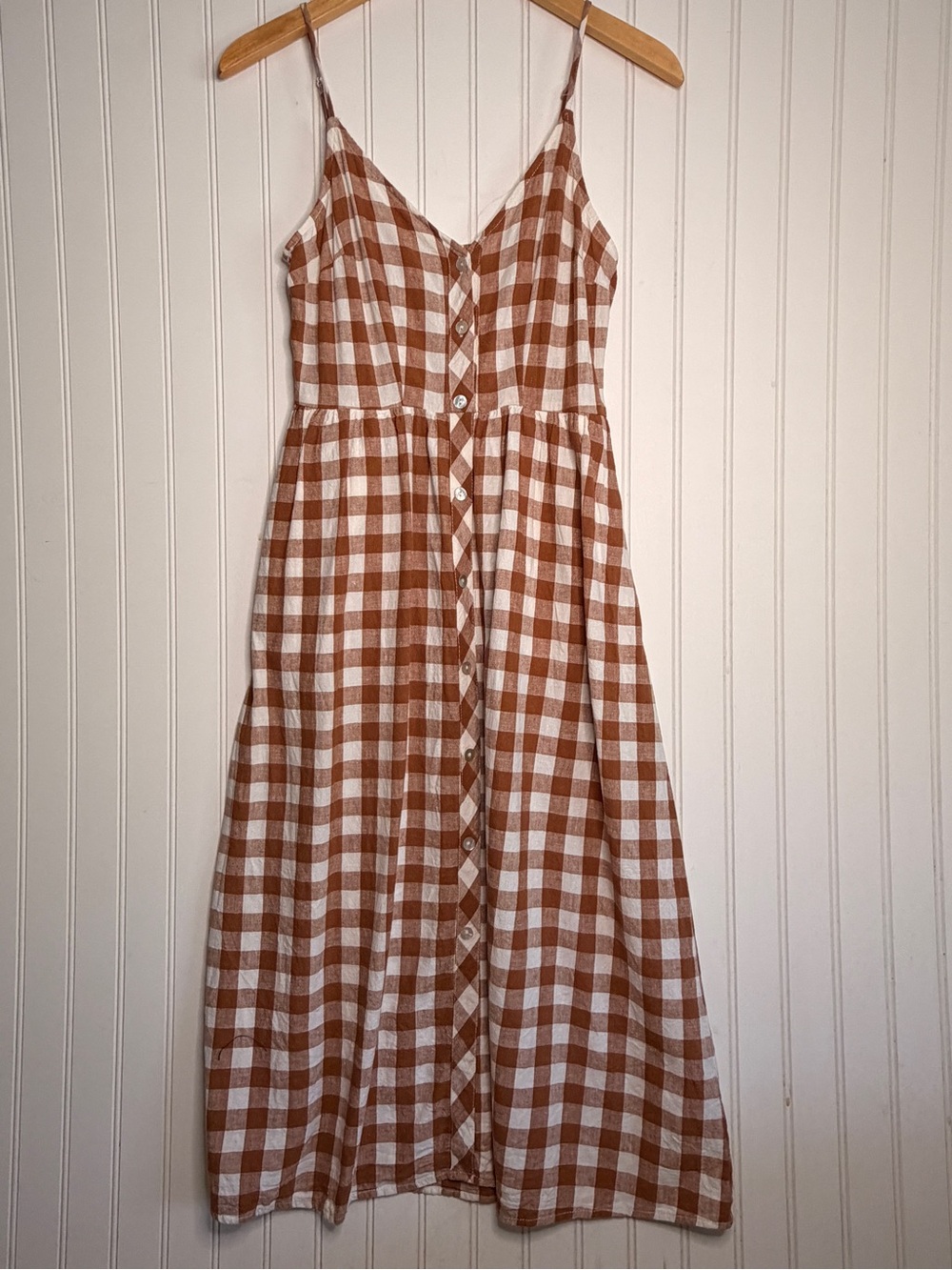 A New Day Rust Gingham Button Front Midi Dress Sz XS Linen Blend Pockets